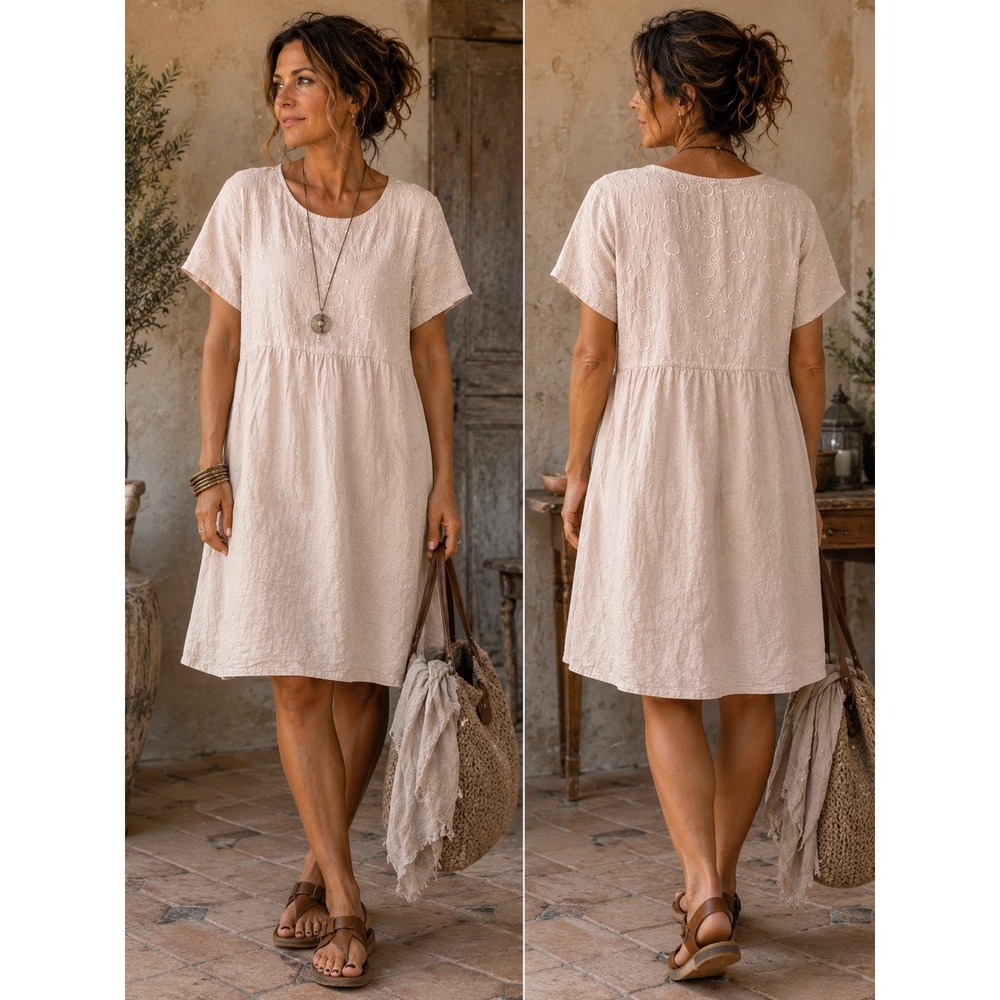 Terzo Millennio Italian Linen Embroidered Shift  Dress L Coastal Lagenlook